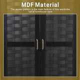 LEVNARY Armoire Wardrobe Closet with 2 Woven Doors, Wardrobe Cabinet with 2 Storage Drawers and Hanging Rail, Freestanding Wooden Closet for Bedroom LEVNARY