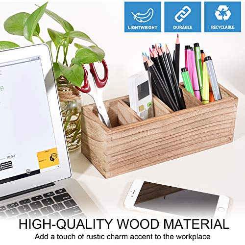 WuGeShop Wood Pen Pencil Holder for Desk, 4 Compartment Pen Holder Organizer, Rustic Desktop Stationery Organizer Pencil Stand Holder for Marker, WuGeShop