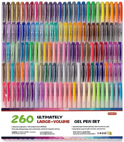 Shuttle Art 260 Pack Gel Pens Set, 130 Colors with 130 Refills for Adults Coloring Books Drawing Crafts Scrapbooking Journaling
