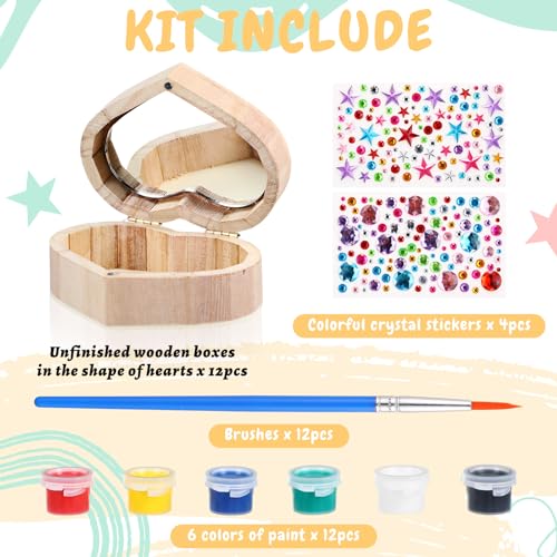 Kigley 100 Pcs Unfinished Wooden Heart Box Kit Include 12 Pcs Heart Treasure Box 72 Pcs Paints, 12pcs Brushes, 4 Sheets Rhinestones Stickers Craft Kigley