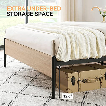 IDEALHOUSE Full Size Metal Bed Frame with Curved Rattan Headboard and Wooden Footboard, Platform Bed Frame with Under Bed Storage, Strong Metal Slat