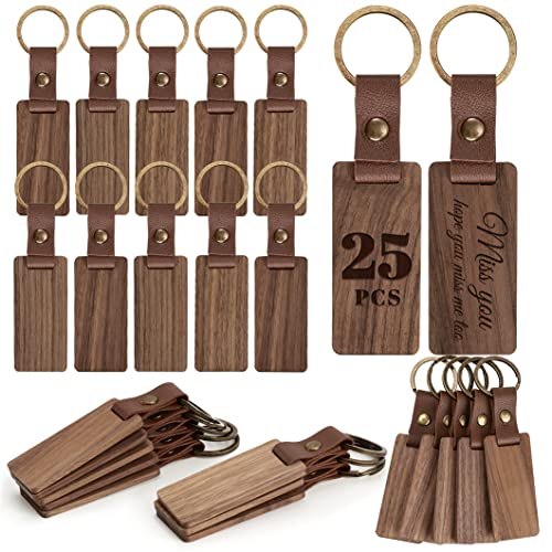 Auihiay 25 Pieces Leather Wood Keychain Blank, Wooden Keychain Blanks with Leather Strap, Unfinished Wooden Keychains for Laser Engraving, DIY - WoodArtSupply