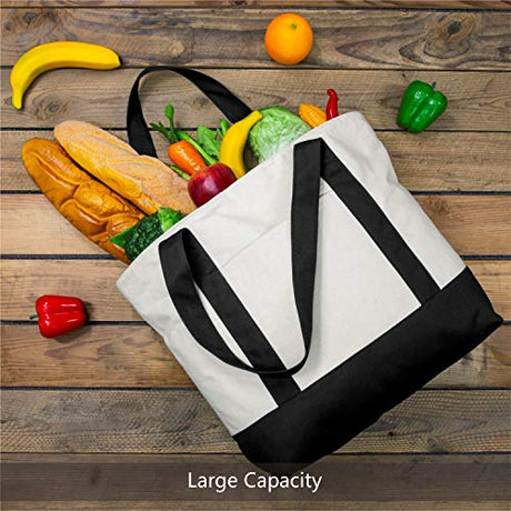 TOPDesign 1 | 3 | 6 | 30 Pack Stylish Canvas Tote Bag with an External Pocket, Top Zipper Closure, Daily Essentials (Black/Natural Pack of 1) TOPDesign