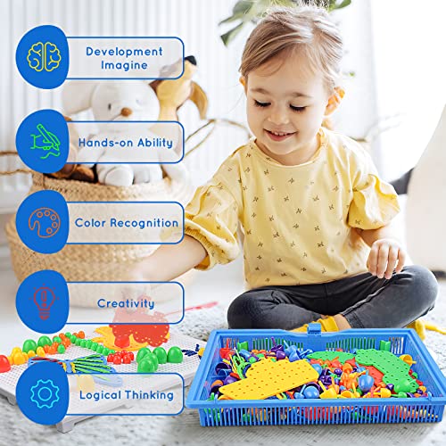 ZOZOPLAY 368Pcs Mosaic Puzzle Kid Toy Mushroom Nails Pegboard with 8 Assembly Drawing, Arts and Crafts Creative Educational Learning Toy DIY Peg - WoodArtSupply