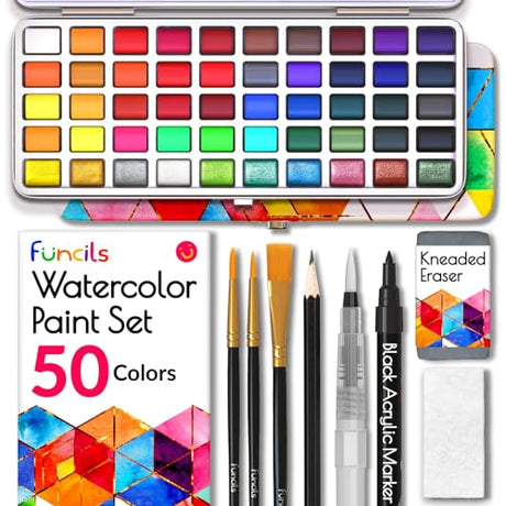 Funcils Watercolor Paint Set - 50 Travel Watercolors Set - Water Colors Paint for Adult, Kids, Beginners, Professional Artists | Watercolor Palette Funcils