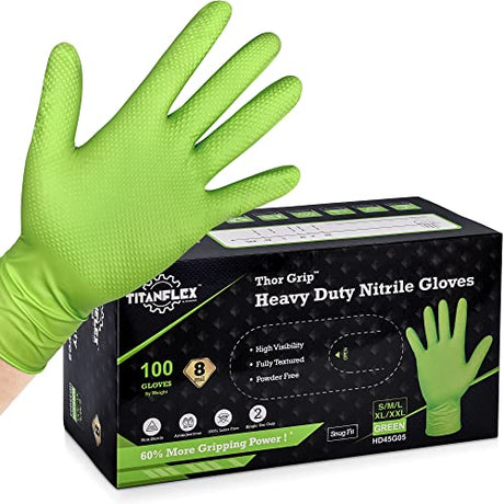 TITANflex Thor Grip Heavy Duty Green Industrial Nitrile Gloves, 8-mil, Medium, Box of 100, Latex Free, Raised Diamond Texture Grip, Powder Free, Food TITANflex