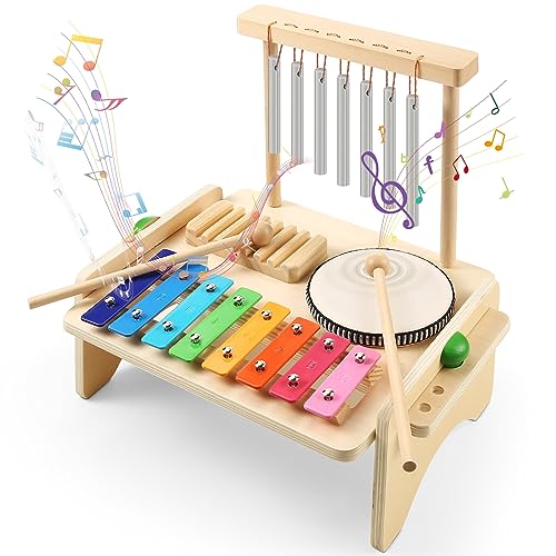 Kids Drum Set,Baby Musical Instrument for Toddler,Wooden Xylophone for Toddlers with Baby Drum Set and Wind Chime,Montessori Musical Instruments Toys BCY hohipi