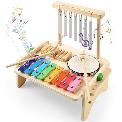 Kids Drum Set,Baby Musical Instrument for Toddler,Wooden Xylophone for Toddlers with Baby Drum Set and Wind Chime,Montessori Musical Instruments Toys - WoodArtSupply