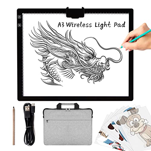 TOHETO A3 Rechargeable Led Bright Light Pad with Carry Bag, 6-Level and Stepless 3 Colors Dimming Brightness Light Box with Built-in Stand, Magnetic TOHETO
