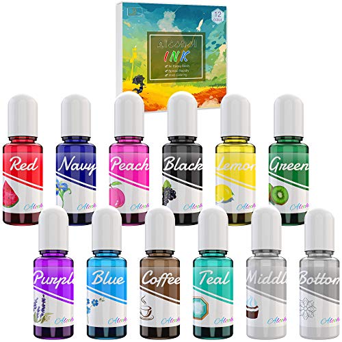 Alcohol Ink Set - 12 Vibrant Colors Alcohol-Based Ink for Epoxy Resin Art, Resin Petri Dish Making - Concentrated Alcohol Paint Color Dye for Resin DecorRom