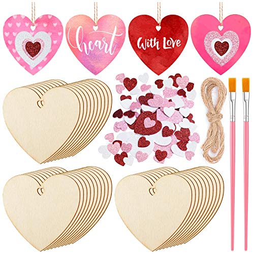 HLARTNET 30 Pcs 3" Wooden Heart Slices Ornaments - Valentines Day Crafts DIY Wood Heart Cutout Hanging Decor with Glitter Heart Foam Sticker for Home - WoodArtSupply