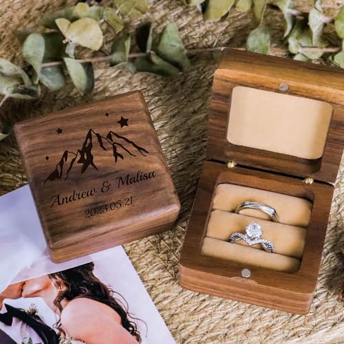 BOWIPOR Wooden Wedding Ring Box Custom Engagement Ring Box - Double Slot Ring Box, Personalized Wedding Ring Bearer, Engraved Proposal Ring Holder, - WoodArtSupply