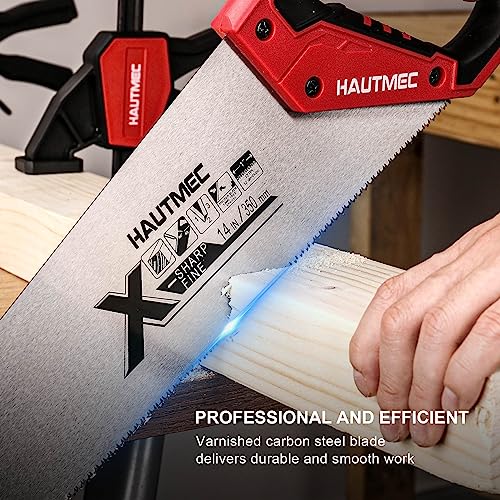 HAUTMEC 14 in. X-Sharp Hand Saw, 12 TPI Woodworking Handsaw, Soft-Grip Sharp SharpTooth for Cutting and Sawing Trees, Plastic Pipes, Drywall - WoodArtSupply