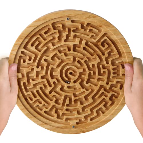 Round Wooden Labyrinth Game - Marble Maze for Education and Fun, Toddler Activity Board, Brain Teaser Puzzle Logic Game with Two Metal Balls for