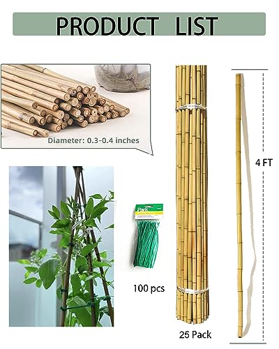 Moromyse 25 Pcs 4 Ft Bamboo Garden Stakes with 100 Ties Natural Bamboo Plant Stakes for Tomatoes Cucumber Grapes Pole Beans Trees Potted Dahlia Moromyse