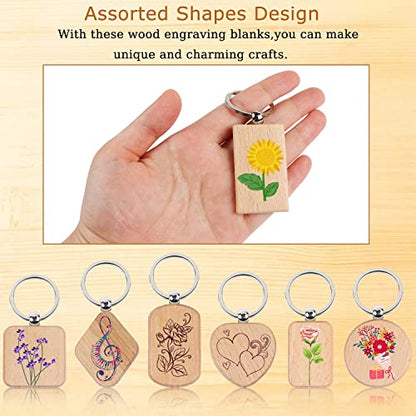 MIKIMIQI 15 Pcs Wood Engraving Blanks Wooden Keychain Blanks Assorted Unfinished Wooden Key Tag Key Ring for DIY Gift Crafts Laser Engraving Wood Key