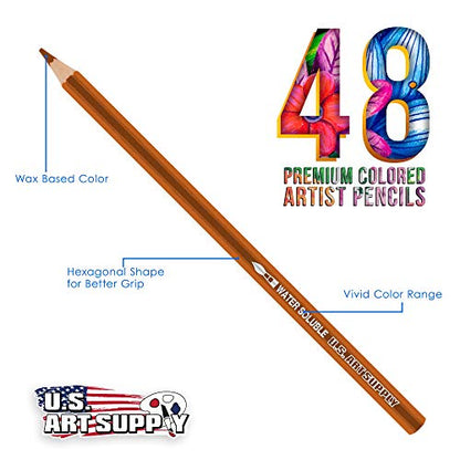 U.S. Art Supply 48 Piece Watercolor Artist Grade Water Soluble Colored Pencil Set, Full Sized 7 Inch Pencil Length - WoodArtSupply