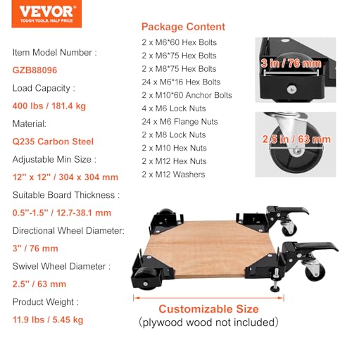 VEVOR Mobile Base, 400 lbs Weight Capacity, Adjustable from 12" x 12" to Infinity, Heavy Duty Universal Mobile Base Stand with Swivel Wheels, for VEVOR
