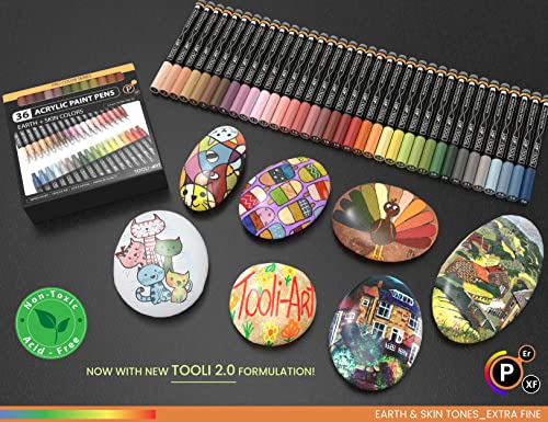 36 Acrylic Paint Pens Skin and Natural Earth Tone Marker Set For Rock Painting, Canvas, Mugs, Glass, Plastic, Wood, Metal, Fabric, Scrapbooking, Most TOOLI-ART