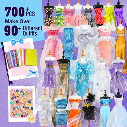 Anpro 700+Pcs Fashion Designer Kit for Girls with 4 Mannequins, DIY Arts & Crafts Kit for Girls Age 6-12 Toys, Doll Clothes Making Sewing Kit - - WoodArtSupply