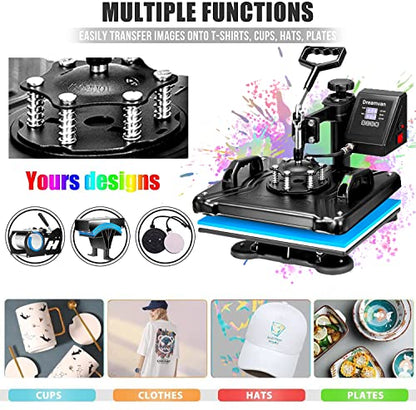 WOOKRAYS Heat Press 8 in 1 Combo Heat Transfer Machine 12x15" Tshirt Printing Machine 360° Swing Away Digital Sublimation Kit Multifunctional Heat - WoodArtSupply