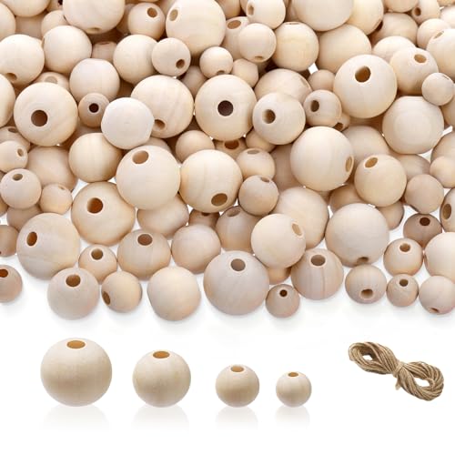 Foraineam 1200 Pieces Round Wood Beads Set Natural Wooden Loose Beads 4 Sizes 10mm, 12mm, 16 mm, 20mm Spacer Beads with 10m Jute Rope for Garland