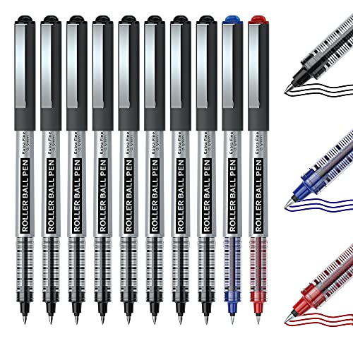 Shuttle Art Rollerball Pens, 10 Pack(8 black 1 blue 1 red) Liquid Ink Pens, 0.5mm Extra Fine Point, Quick Drying for Writing Journaling Taking Notes