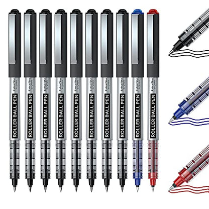 Shuttle Art Rollerball Pens, 10 Pack(8 black 1 blue 1 red) Liquid Ink Pens, 0.5mm Extra Fine Point, Quick Drying for Writing Journaling Taking Notes