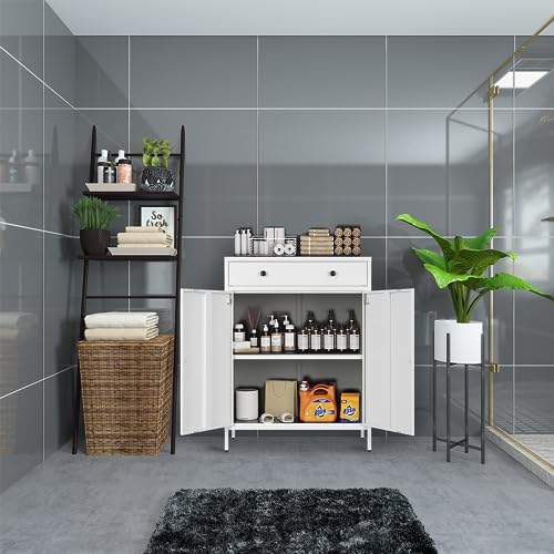 YEEZER Metal Storage Cabinet, Multipurpose Storage Cabinet and 1 Drawer, 2-Tier Office Cabinet for Home, Living Room, Gym, Apartment (White) YEEZER