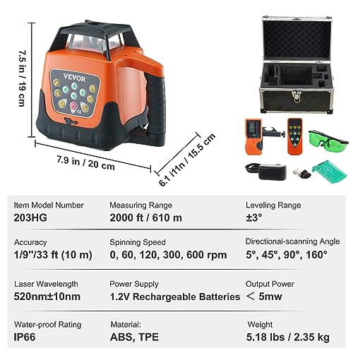 VEVOR Rotary Laser Level 2000ft,360 Degree Self Leveling Green Cross Line Laser,5 Rotation Speeds&4 Scanning Angles Adjustment,IP66 Waterproof Remote VEVOR