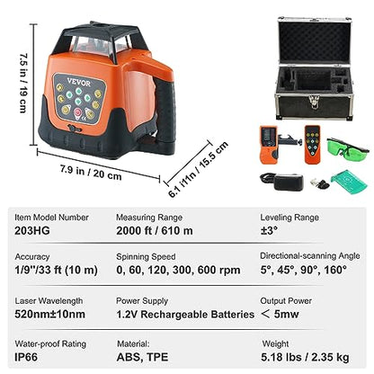 VEVOR Rotary Laser Level 2000ft,360 Degree Self Leveling Green Cross Line Laser,5 Rotation Speeds&4 Scanning Angles Adjustment,IP66 Waterproof Remote - WoodArtSupply