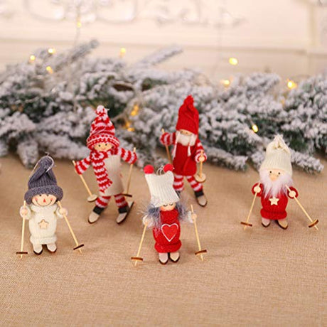Amosfun Wood Figurine Decor 5PCS Christmas Ski Doll Ornaments Wooden Christmas Christmas Tree Hanging Decorations Pendants Holiday Shop Window Home Amosfun