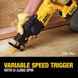 DEWALT 20V MAX Reciprocating Saw, 3,000 Strokes Per Minute, Variable Speed Trigger, Bare Tool Only (DCS380B), Black/Clear DEWALT