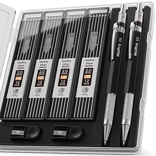 Nicpro 2mm Welder Mechanical Pencil Set with 48PCS Silver Refills, 2mm Metal Lead Holder, Carpenter Pencil with Sharpener for Welding, Cutting, - WoodArtSupply