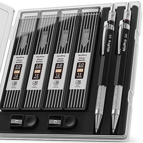 Nicpro 2mm Welder Mechanical Pencil Set with 48PCS Silver Refills, 2mm Metal Lead Holder, Carpenter Pencil with Sharpener for Welding, Cutting, Nicpro