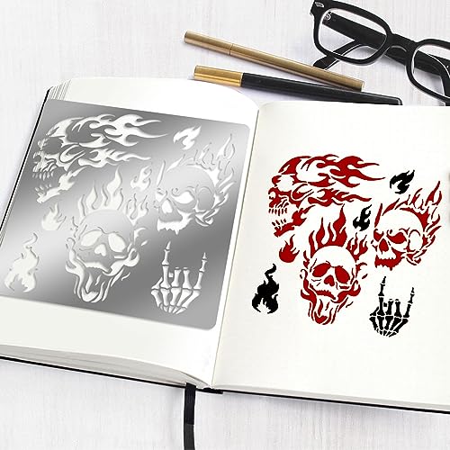 ORIGACH 6x6 inch Metal Skull Stencil Fire Skull Pyrography Stencils Template for Halloween Wood Carving, Drawings and Woodburning, Engraving and - WoodArtSupply