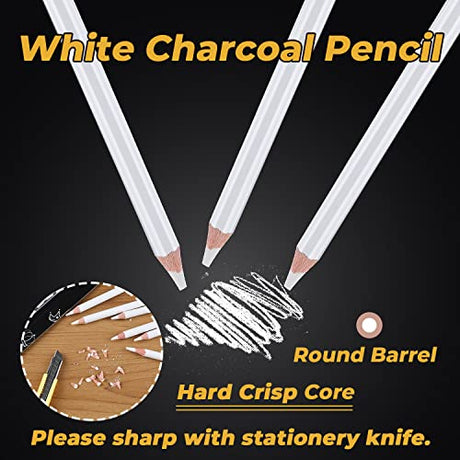 Dyvicl White Charcoal Pencils Drawing Set, 6 Pcs Sketch Highlight Pencil Hard Charcoal White Pencils for Drawing, Sketching, Shading, Blending Dyvicl