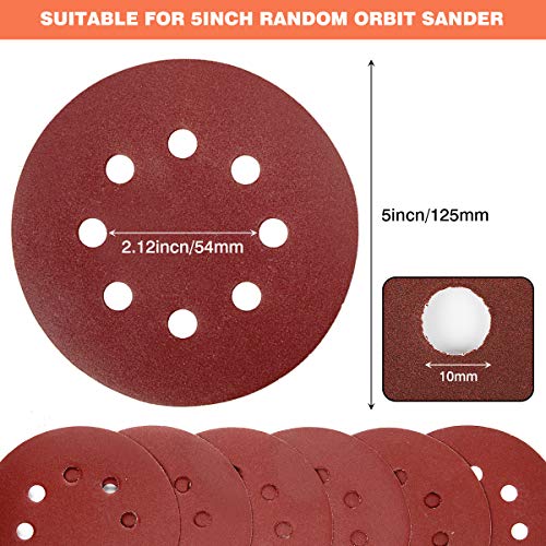 165pcs Orbital Sander Sandpaper Sanding Discs 5 Inch 8 Hole 40 60 80 120 180 240 320 400 600 Grit, Hook and Loop Random Orbital Sandpaper Assortment