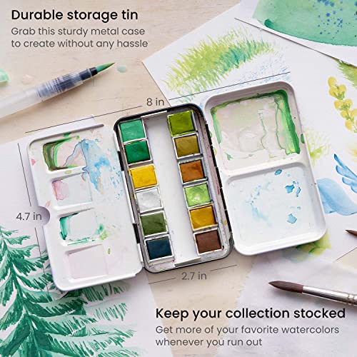 ARTEZA Watercolor Paint Set with Water Brush, 12 Watercolor Half Pans in Earth Tones, Semi Moist, Art Supplies for Painting Stunning Landscapes ARTEZA