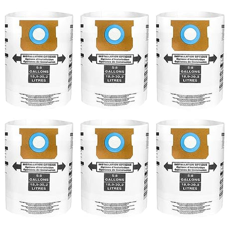 6 Pack 90661 Type E / 90671 Type H Filter Bags Compatible with Shop Vac 5-8 Gallon Wet/Dry Vacuum, Part 9066100 9066133 9067100 9067133 Zibopon