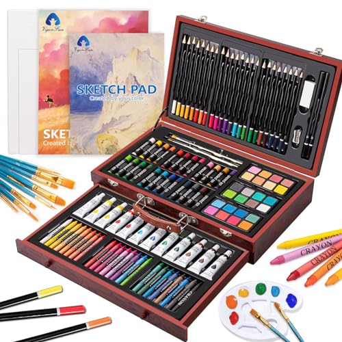 Art Supplies, Deluxe Wooden Art Set Crafts Drawing Painting Kit with 12 Watercolor Paints, 12 Brushes, 2 Sketch Pads, 2 Canvas Boards, Palette,