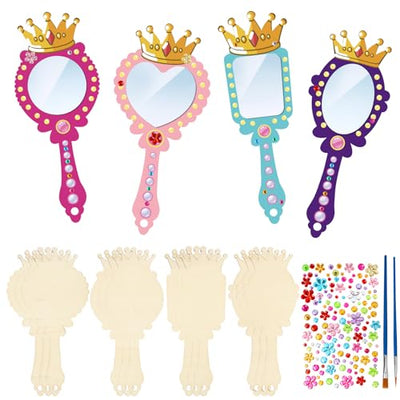 Fennoral 12 Pack Wooden Mirror Craft for Kids Decorate You Own Princess Mirrors for Girls DIY Paint Wooden Hand Mirror for Art Activities Birthday