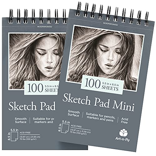 Art-N-Fly Sketchpad for Travel and Portable Sketch Work - Two Pack Spiral Bound 200 Sheets Total - Pad 70lb/100g for Drawing (5.5x8.5") Art-n-Fly