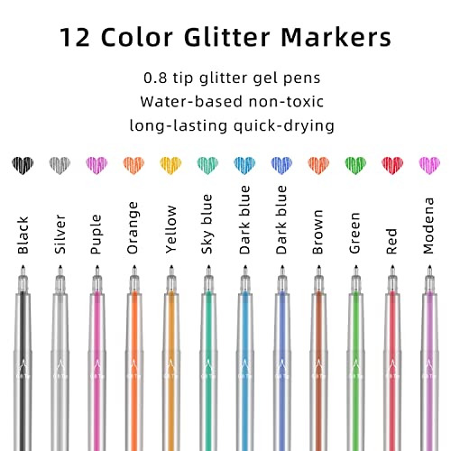 Welebar Glitter Gel Pen Set for Cricut Maker 3/Maker/Explore 3/Air 2/Air, 0.8 Tip Glitter Pen Set of 12 Pack Medium Point Pen, Writing, Drawing, Welebar
