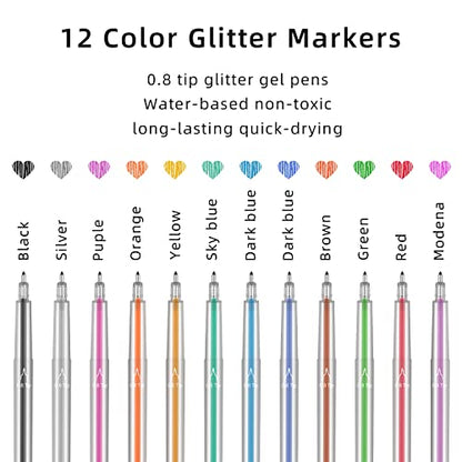 Welebar Glitter Gel Pen Set for Cricut Maker 3/Maker/Explore 3/Air 2/Air, 0.8 Tip Glitter Pen Set of 12 Pack Medium Point Pen, Writing, Drawing, - WoodArtSupply