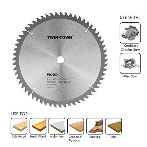 TWIN-TOWN 8-1/4-Inch Saw Blade, 60 Teeth,General Purpose for Soft Wood, Hard Wood, Chipboard & Plywood, 5/8-Inch DMK Arbor - WoodArtSupply