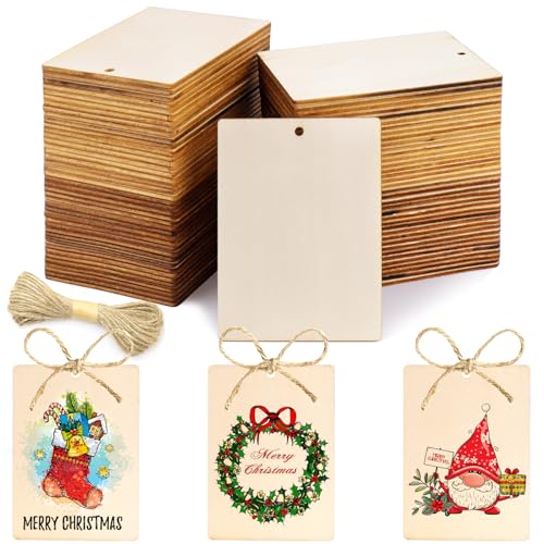 AIERSA 45Pcs Wooden Tags Ornaments, 3.5 x 2.5Inch Larger Unfinished Wood Tags for Crafts with Holes and 42.65 Ft Twine, Rectangle Blank Rustic Wood