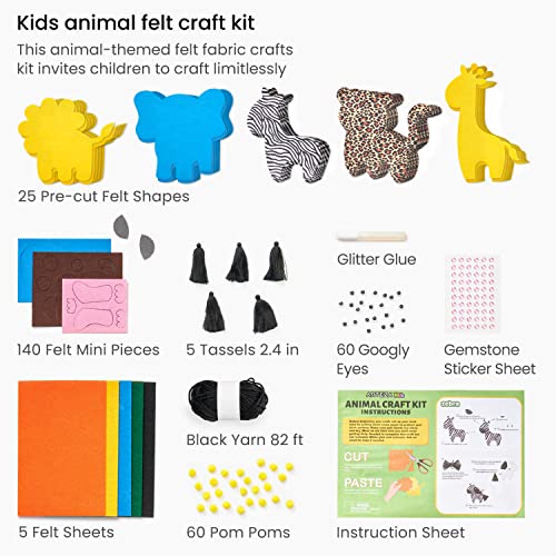 Arteza Kids Felt Kit, 357 Pieces, 25 Pre-Cut Animal Shapes, 5 Felt Sheets, 140 Mini-Pieces, Gemstone Stickers, Yarn, Glue, and Accessories – - WoodArtSupply