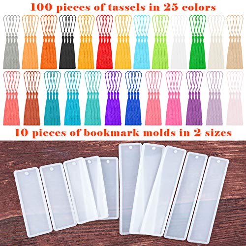Bookmark Mold with Tassles, Caffox Bookmark Mold Kit with 100pcs Bookmark Tassels Bulk and 10pcs Rectangle Silicone Bookmark Mold for Epoxy Resin Caffox