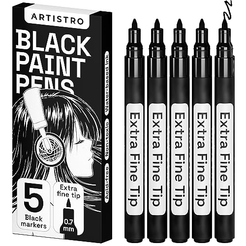 ARTISTRO Black Paint Pens for Rock Painting, Stone, Ceramic, Glass, Wood, Tire, Fabric, Metal, Canvas. Set of 5 Water Based Black Markers for Acrylic - WoodArtSupply